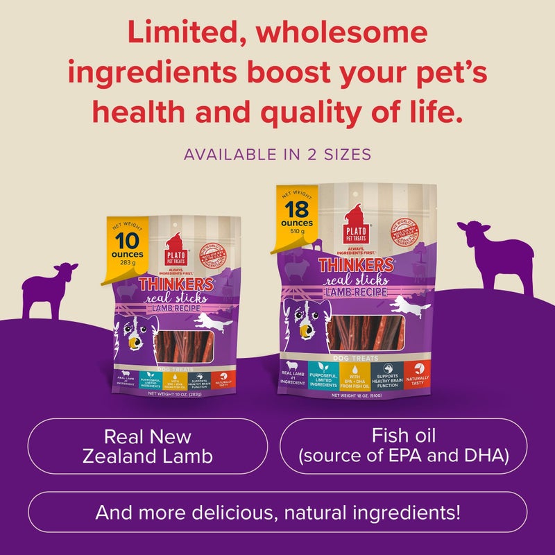 Plato Pet Treats Thinkers - Meat Sticks for Dogs - Limited Ingredient Treats with EPA and DHA to Support Skin, Coat, and Brain - Air-Dried - Lamb 10oz - Image 4